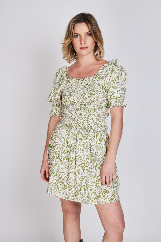 Vestido Manga Globo Magnolia Verde Print Eclipse